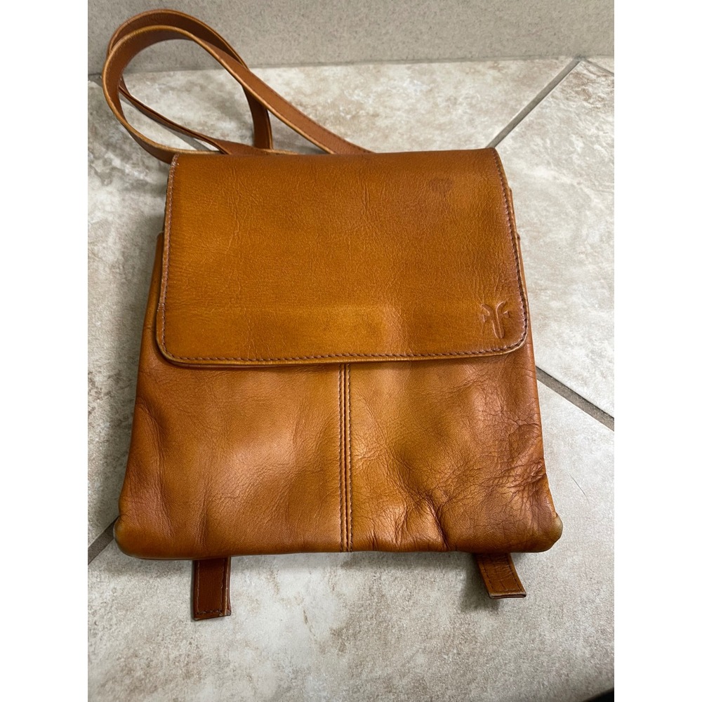 FRYE Women Tan Leather Flap Top Mini Backpack Purse Bag saddle bag VTG crossbody - Picture 2 of 13